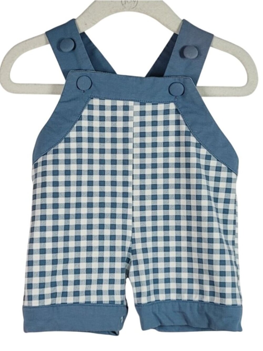 Southern Bay Smocking Co Boys Gingham Shortalls Blue Size NB Buttons Snaps Lined